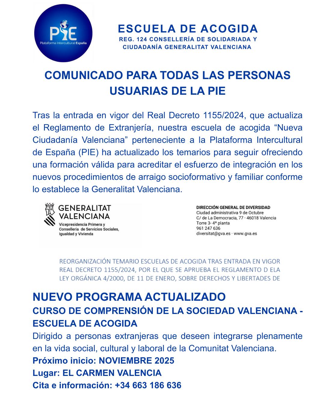 COMUNICADO ESCUELA DE ACOGIDA NO VIEMBRE 2025